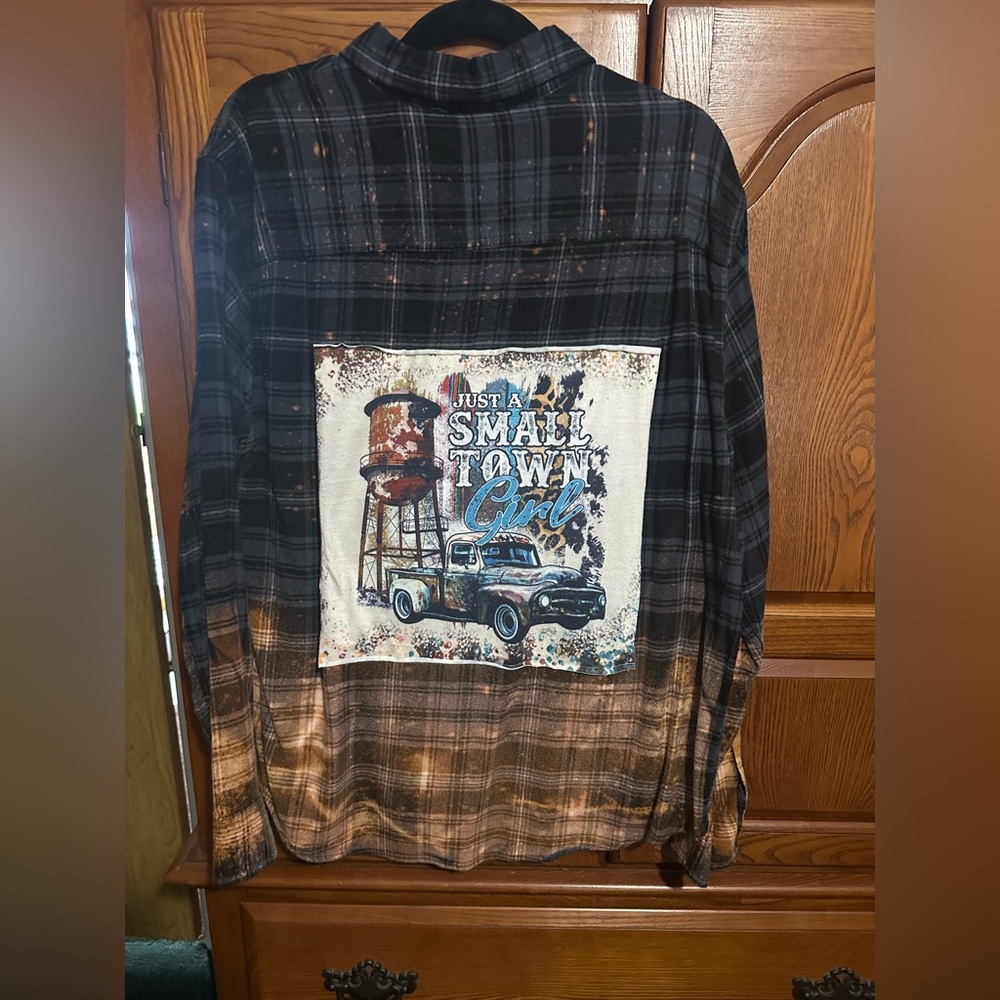 Just a Small Town Girl Upcycled flannel tee